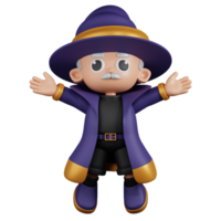 3d Character Wizard Jumping Celebration Pose. 3d render isolated on transparent backdrop. png