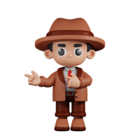 3d Character Detective Pointing Fingers In Direction Pose. 3d render isolated on transparent backdrop. png