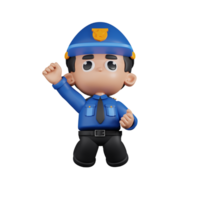 3d Character Policeman Jumping In The Air Pose. 3d render isolated on transparent backdrop. png