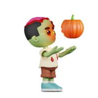 3d personaje zombi teniendo un calabaza pose. 3d hacer aislado en transparente fondo. png