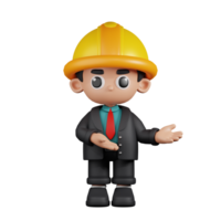 3d Character Engineer Pointing To Something Pose. 3d render isolated on transparent backdrop. png