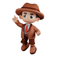 3d Character Detective Happy Jumping Pose Pose. 3d render isolated on transparent backdrop. png