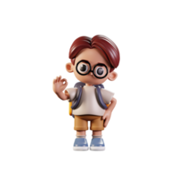 3d Character Student Giving Ok Sign Pose. 3d render isolated on transparent backdrop. png