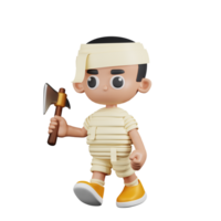 3d Character Mummy Holding A Big Axe Pose. 3d render isolated on transparent backdrop. png