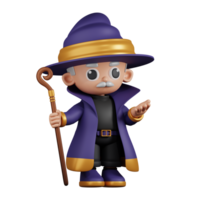 3d personagem Mago segurando com uma sente Bravo pose. 3d render isolado em transparente pano de fundo. png