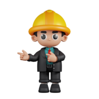 3d Character Engineer Pointing Fingers In Direction Pose. 3d render isolated on transparent backdrop. png