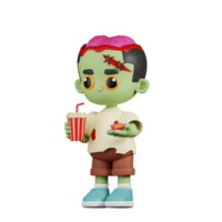 3d personagem zumbi com uma copo do refrigerante beber e doce pose. 3d render isolado em transparente pano de fundo. png