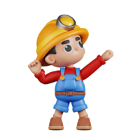 3d Character Miner Looking Victorious Pose. 3d render isolated on transparent backdrop. png
