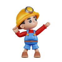 3d personagem mineiro olhando vitorioso pose. 3d render isolado em transparente pano de fundo. png