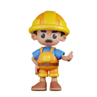 3d personagem construtor apontando Próximo pose. 3d render isolado em transparente pano de fundo. png