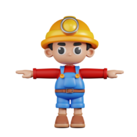 3d Character Miner T Pose Pose. 3d render isolated on transparent backdrop. png
