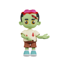 3d Character Zombie Pointing To Something Pose. 3d render isolated on transparent backdrop. png