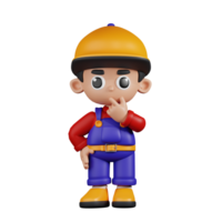 3d Character Mechanic Curious Pose. 3d render isolated on transparent backdrop. png