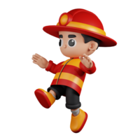 3d personaje bombero saltando pose. 3d hacer aislado en transparente fondo. png