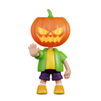 3d personaggio zucca fare il fermare cartello posa. 3d rendere isolato su trasparente sfondo. png