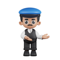 3d personagem motorista apontando para alguma coisa pose. 3d render isolado em transparente pano de fundo. png