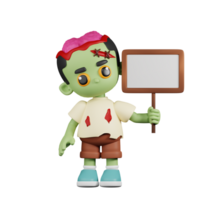 3d Character Zombie With White Paper Sign Pose. 3d render isolated on transparent backdrop. png