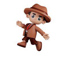 3d Character Detective Happy Jumping Pose. 3d render isolated on transparent backdrop. png