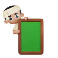 3d Character Mummy Behind A White Board Pose. 3d render isolated on transparent backdrop. png