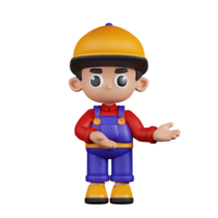 3d Character Mechanic Pointing To Something Pose. 3d render isolated on transparent backdrop. png