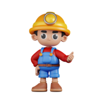 3d Character Miner Pointing Next Pose. 3d render isolated on transparent backdrop. png