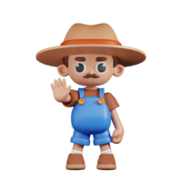 3d personagem agricultor fazendo a Pare placa pose. 3d render isolado em transparente pano de fundo. png