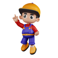 3d Character Mechanic Happy Jumping Pose Pose. 3d render isolated on transparent backdrop. png