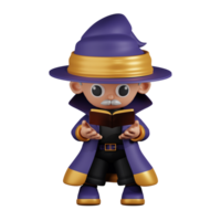 3d Character Wizard Reading Spellbook Pose. 3d render isolated on transparent backdrop. png