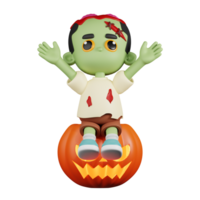 3d personaje zombi sentado en grande calabaza pose. 3d hacer aislado en transparente fondo. png