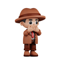 3d Character Detective Affraid Pose. 3d render isolated on transparent backdrop. png