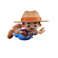 3d Character Farmer Flying Pose. 3d render isolated on transparent backdrop. png