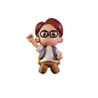 3d Character Student Jumping In The Air Pose. 3d render isolated on transparent backdrop. png