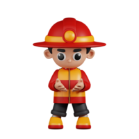 3d personagem bombeiro segurando alguma coisa pose. 3d render isolado em transparente pano de fundo. png