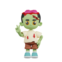 3d personnage zombi montrant paix signe pose. 3d rendre isolé sur transparent toile de fond. png