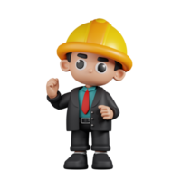 3d Character Engineer Congratulation Pose. 3d render isolated on transparent backdrop. png