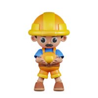 3d personagem construtor segurando alguma coisa pose. 3d render isolado em transparente pano de fundo. png