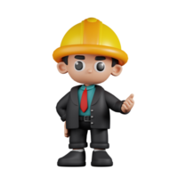 3d Character Engineer Pointing Next Pose. 3d render isolated on transparent backdrop. png