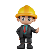 3d Character Engineer Pointing Next Pose. 3d render isolated on transparent backdrop. png