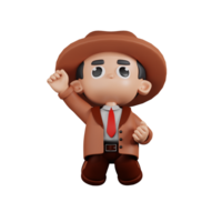 3d Character Detective Jumping In The Air Pose. 3d render isolated on transparent backdrop. png