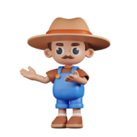 3d Character Farmer Presenting Pose. 3d render isolated on transparent backdrop. png