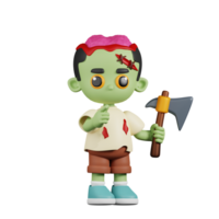 3d personaje zombi con un agudo hacha pose. 3d hacer aislado en transparente fondo. png