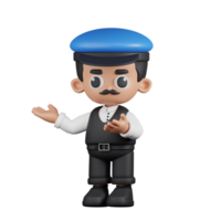 3d Character Driver Presenting Pose. 3d render isolated on transparent backdrop. png