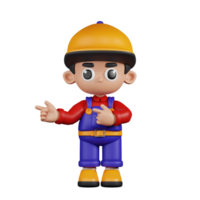 3d Character Mechanic Pointing Fingers In Direction Pose. 3d render isolated on transparent backdrop. png