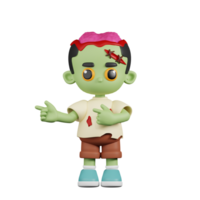3d Character Zombie Pointing Fingers In Direction Pose. 3d render isolated on transparent backdrop. png