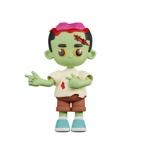 3d Charakter Zombie zeigen Finger im Richtung Pose. 3d machen isoliert auf transparent Hintergrund. png