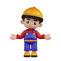 3d Character Mechanic Doing The No Idea Pose. 3d render isolated on transparent backdrop. png