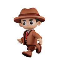 3d Character Detective Running Pose. 3d render isolated on transparent backdrop. png