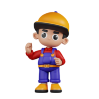 3d Character Mechanic Congratulation Pose. 3d render isolated on transparent backdrop. png