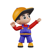 3d Character Mechanic Looking Victorious Pose. 3d render isolated on transparent backdrop. png