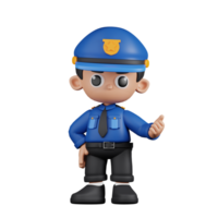3d Character Policeman Pointing Next Pose. 3d render isolated on transparent backdrop. png